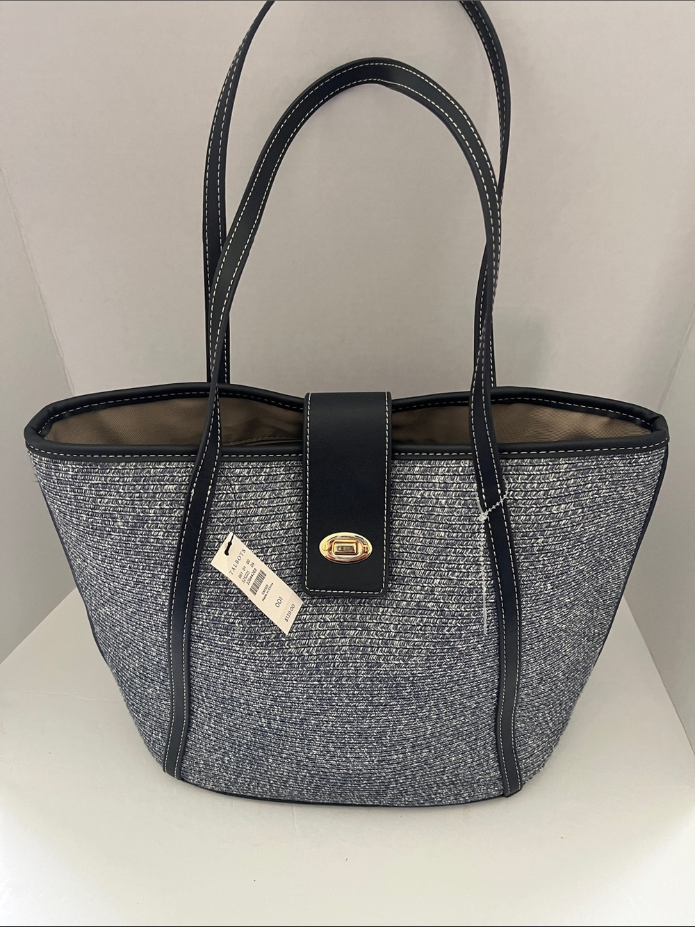 Talbots Navy Tweed Tote with Gold-Tone Hardware